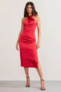 Dazzling | Red Satin Cross Over Halter Neck Midi Dress 7 Dazzling | Red Satin Cross Over Halter Neck Midi Dress -Stylixon Sales Store WB BR CL127233 DazzlingRedSatinCrossOverHalterNeckMidiDress0 scaled