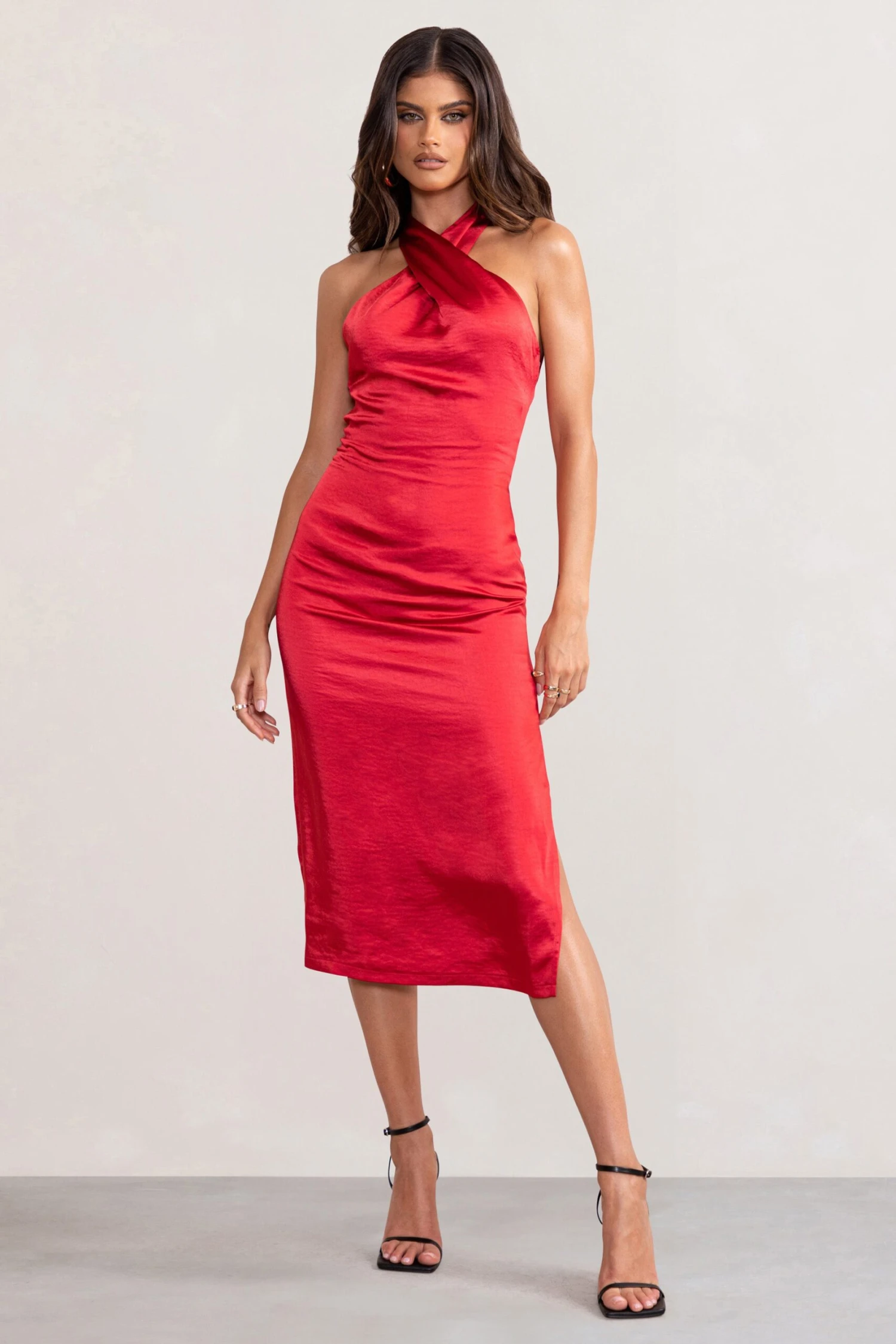 Dazzling | Red Satin Cross Over Halter Neck Midi Dress 4 Dazzling | Red Satin Cross Over Halter Neck Midi Dress - Image 4