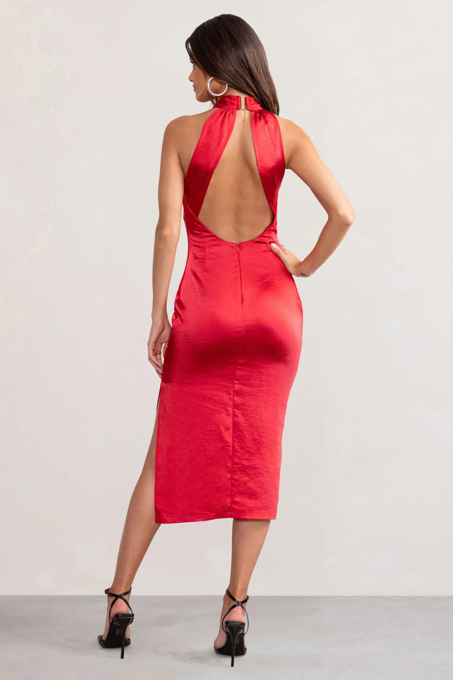 Dazzling | Red Satin Cross Over Halter Neck Midi Dress 2 Dazzling | Red Satin Cross Over Halter Neck Midi Dress - Image 2