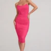 Negroni | Hot Pink Bandeau Corset Ruched Mesh Midi Dress