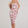 Lisbon | Pink Floral Print Square Neck Ruched Midi Dress