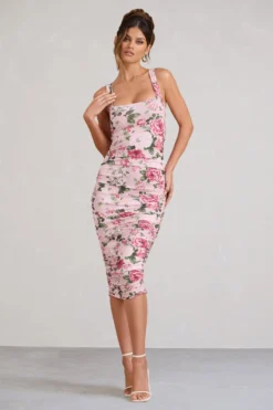 Lisbon | Pink Floral Print Square Neck Ruched Midi Dress
