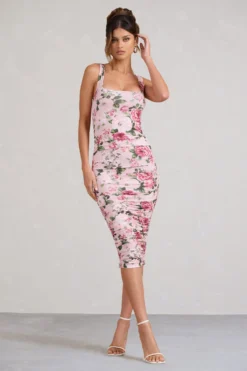 Lisbon | Pink Floral Print Square Neck Ruched Midi Dress -Stylixon Sales Store WB BR CL127326146 LisbonPinkFloralPrintSquareNeckRuchedMidiDress2 scaled