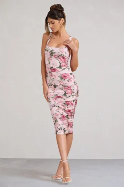 Lisbon | Pink Floral Print Square Neck Ruched Midi Dress -Stylixon Sales Store WB BR CL127326146 LisbonPinkFloralPrintSquareNeckRuchedMidiDress3 scaled