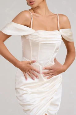 Deserving | Cream Satin Bardot Sleeve Corset Wrap Midi Dress -Stylixon Sales Store WB BR CL127461028 DeservingCreamSatinBardotSleeveCorsetWrapMidiDress3 scaled