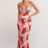 Esme | Champagne Floral Print Satin Fishtail Maxi Dress