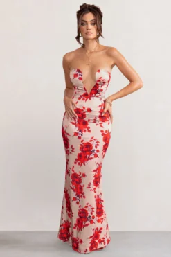 Esme | Champagne Floral Print Satin Fishtail Maxi Dress