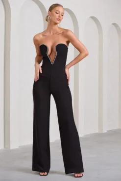 Julia | Black Extreme Plunge Cut Out Wide Leg Jumpsuit 7 Julia | Black Extreme Plunge Cut Out Wide Leg Jumpsuit -Stylixon Sales Store WB BR CL127767002 JuliaBlackShapedFrontCutOutWideLegJumpsuitWithDiamondTrim2 scaled