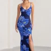 Farah | Blue Floral Print Plunge Neck Maxi Dress With Split Detail