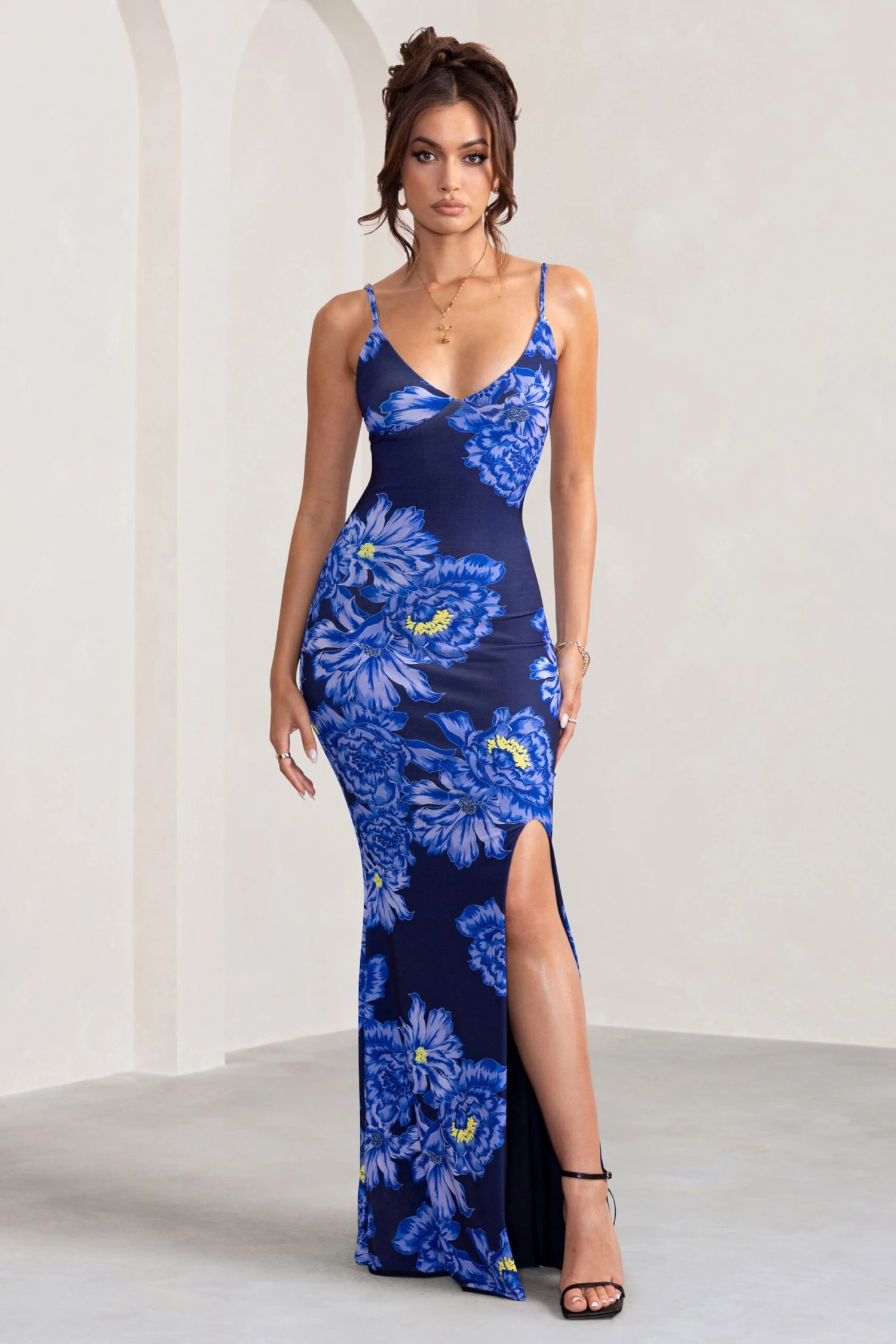 Farah | Blue Floral Print Plunge Neck Maxi Dress With Split Detail 1 Farah | Blue Floral Print Plunge Neck Maxi Dress With Split Detail