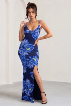 Farah | Blue Floral Print Plunge Neck Maxi Dress With Split Detail 7 Farah | Blue Floral Print Plunge Neck Maxi Dress With Split Detail -Stylixon Sales Store WB BR CL127830 FarahPurpleFloralPrintPlungeNeckMaxiDressWithSplitDetail1 scaled