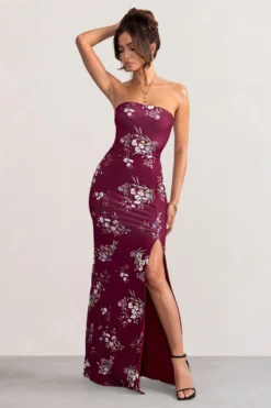Camila | Burgundy Floral Print Strapless Maxi Dress With Thigh Split -Stylixon Sales Store WB BR CL127848 CamilaBerryFloralPrintStraplessMaxiDressWithThighSplit1 scaled