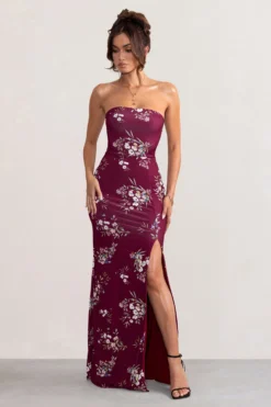 Camila | Burgundy Floral Print Strapless Maxi Dress With Thigh Split -Stylixon Sales Store WB BR CL127848 CamilaBerryFloralPrintStraplessMaxiDressWithThighSplit2 scaled