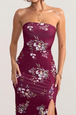 Camila | Burgundy Floral Print Strapless Maxi Dress With Thigh Split -Stylixon Sales Store WB BR CL127848 CamilaBerryFloralPrintStraplessMaxiDressWithThighSplit2 07d9b5fa 1198 4fd5 aa57 b4efe9b24a5b scaled