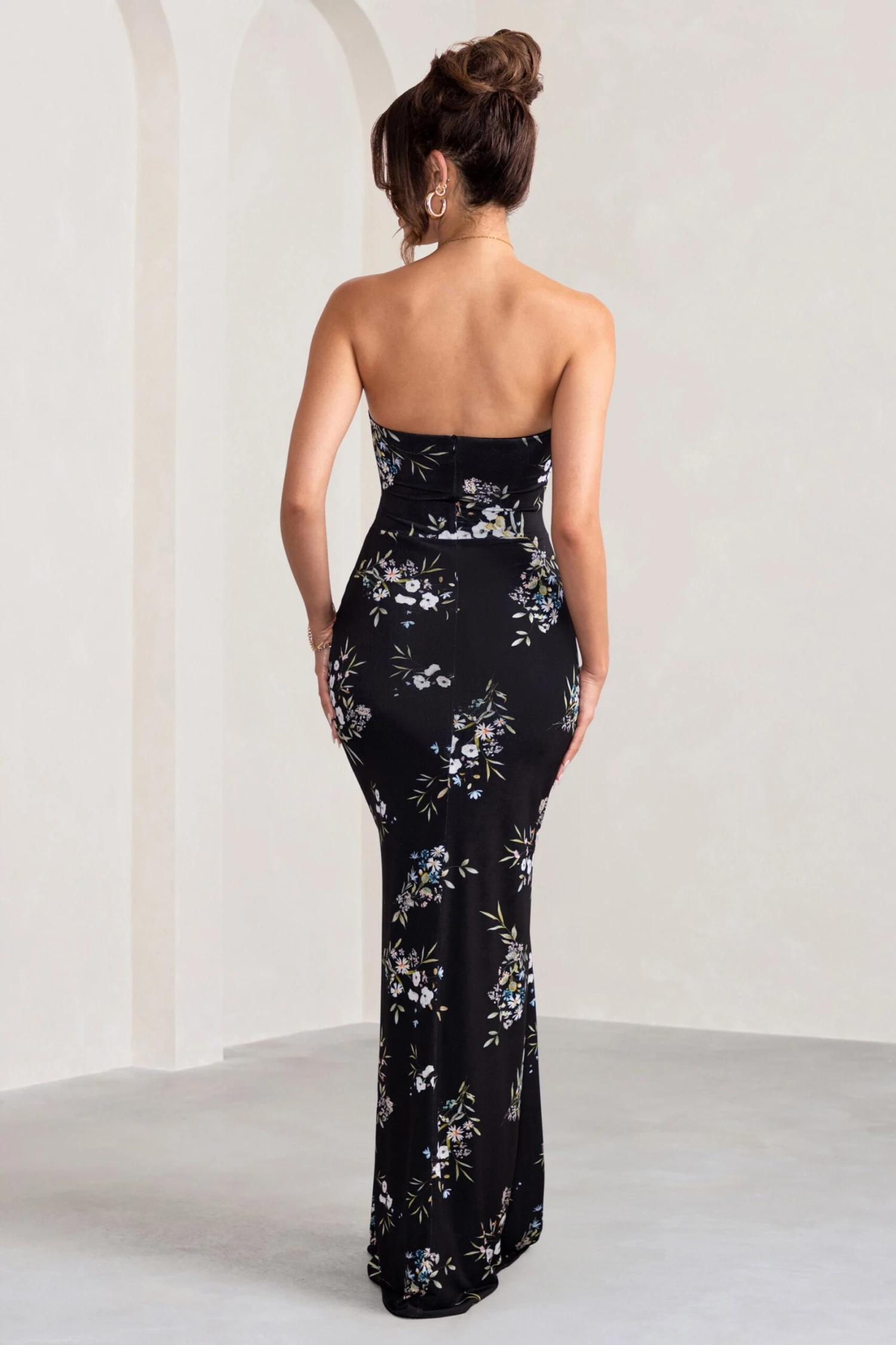 Camila | Black Floral Print Strapless Maxi Dress With Thigh Split 2 Camila | Black Floral Print Strapless Maxi Dress With Thigh Split - Image 2