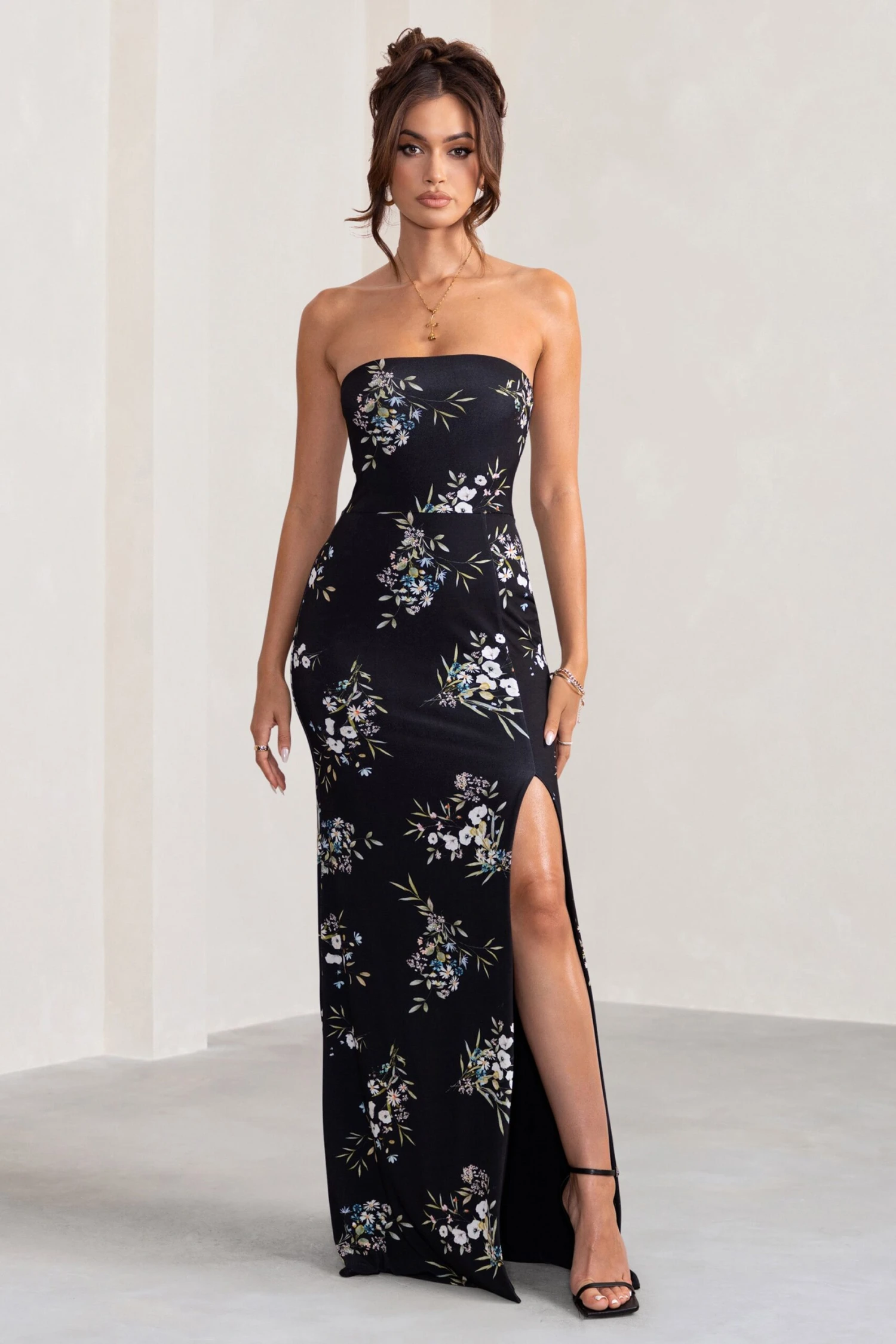 Camila | Black Floral Print Strapless Maxi Dress With Thigh Split 5 Camila | Black Floral Print Strapless Maxi Dress With Thigh Split - Image 5