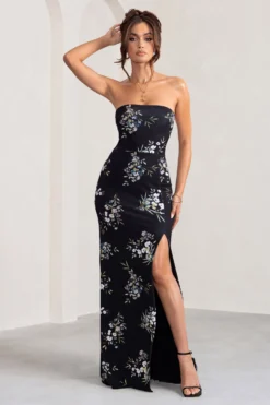 Camila | Black Floral Print Strapless Maxi Dress With Thigh Split 8 Camila | Black Floral Print Strapless Maxi Dress With Thigh Split -Stylixon Sales Store WB BR CL127848 CamilaBlackFloralPrintStraplessMaxiDressWithThighSplit3 scaled