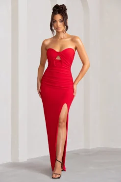 Florencia | Red Sweetheart Bandeau Neckline Maxi Dress With Front Drape Detail -Stylixon Sales Store WB BR CL127987 FlorenciaRedSweetheartBandeauNecklineMaxiDressWithFrontDrapeDetail0copy scaled