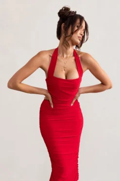 Letitia | Red Halter Neck Ruched Bodycon Midi Dress -Stylixon Sales Store WB BR CL128019 LetitiaRedHalterNeckRuchedBodyconMaxiDress5 scaled