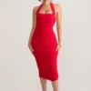 Letitia | Red Halter Neck Ruched Bodycon Midi Dress