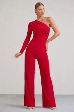 Mila | Red One Shoulder Ruched Wide Leg Jumpsuit