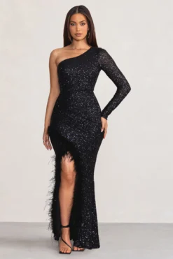 Alexis | Black One Sleeve Maxi Dress With Feather Trimmed Thigh Split -Stylixon Sales Store WB BR CL128279 AlexisBlackOneSleeveMaxiDressWithFeatherTrimmedThighSplit2 scaled