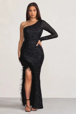 Alexis | Black One Sleeve Maxi Dress With Feather Trimmed Thigh Split -Stylixon Sales Store WB BR CL128279 AlexisBlackOneSleeveMaxiDressWithFeatherTrimmedThighSplit3 scaled