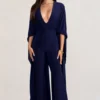 Anais | Navy Plunge Jumpsuit With Cape