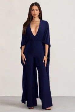 Anais | Navy Plunge Jumpsuit With Cape