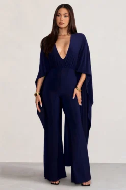 Anais | Navy Plunge Jumpsuit With Cape -Stylixon Sales Store WB BR CL128284 AnaisNavyPlungeJumpsuitwithCape1 scaled