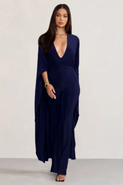 Anais | Navy Plunge Jumpsuit With Cape -Stylixon Sales Store WB BR CL128284 AnaisNavyPlungeJumpsuitwithCape2 scaled