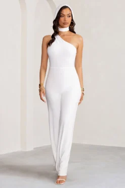 Carolina | White Asymmetric Jumpsuit With Hood -Stylixon Sales Store WB BR CL128305 CarolinaWhiteAsymmetricJumpsuitwithHood1 scaled
