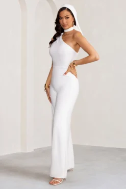 Carolina | White Asymmetric Jumpsuit With Hood -Stylixon Sales Store WB BR CL128305 CarolinaWhiteAsymmetricJumpsuitwithHood3 scaled