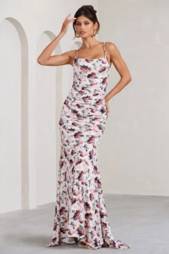 Adele | White Floral Print Backless Ruched Fishtail Cami Maxi Dress -Stylixon Sales Store WB BR CL128390136 AdeleWhiteFloralPrintBacklessRuchedFishtailCamiMaxiDress3 scaled