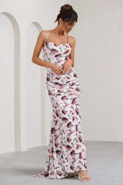 Adele | White Floral Print Backless Ruched Fishtail Cami Maxi Dress -Stylixon Sales Store WB BR CL128390136 AdeleWhiteFloralPrintBacklessRuchedFishtailCamiMaxiDress4 scaled