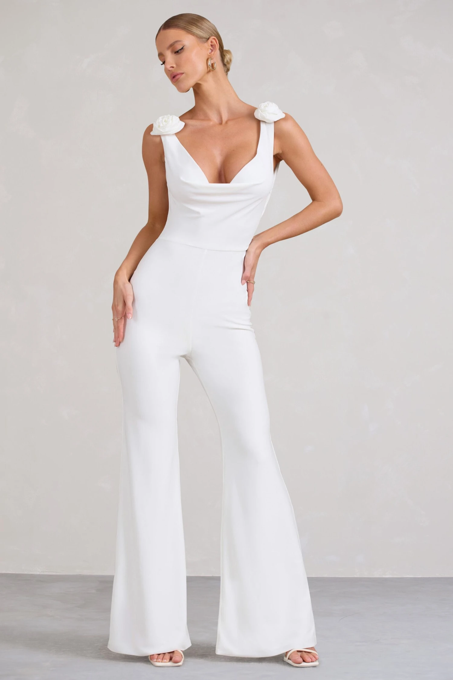 Posy | White Cowl-Neck Jumpsuit With Corsages And Lace Detail 1 Posy | White Cowl-Neck Jumpsuit With Corsages And Lace Detail