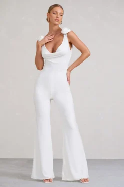 Posy | White Cowl-Neck Jumpsuit With Corsages And Lace Detail 9 Posy | White Cowl-Neck Jumpsuit With Corsages And Lace Detail -Stylixon Sales Store WB BR CL128450005 PosyWhiteCowl NeckJumpsuitWithCorsagesAndLaceDetail2 scaled