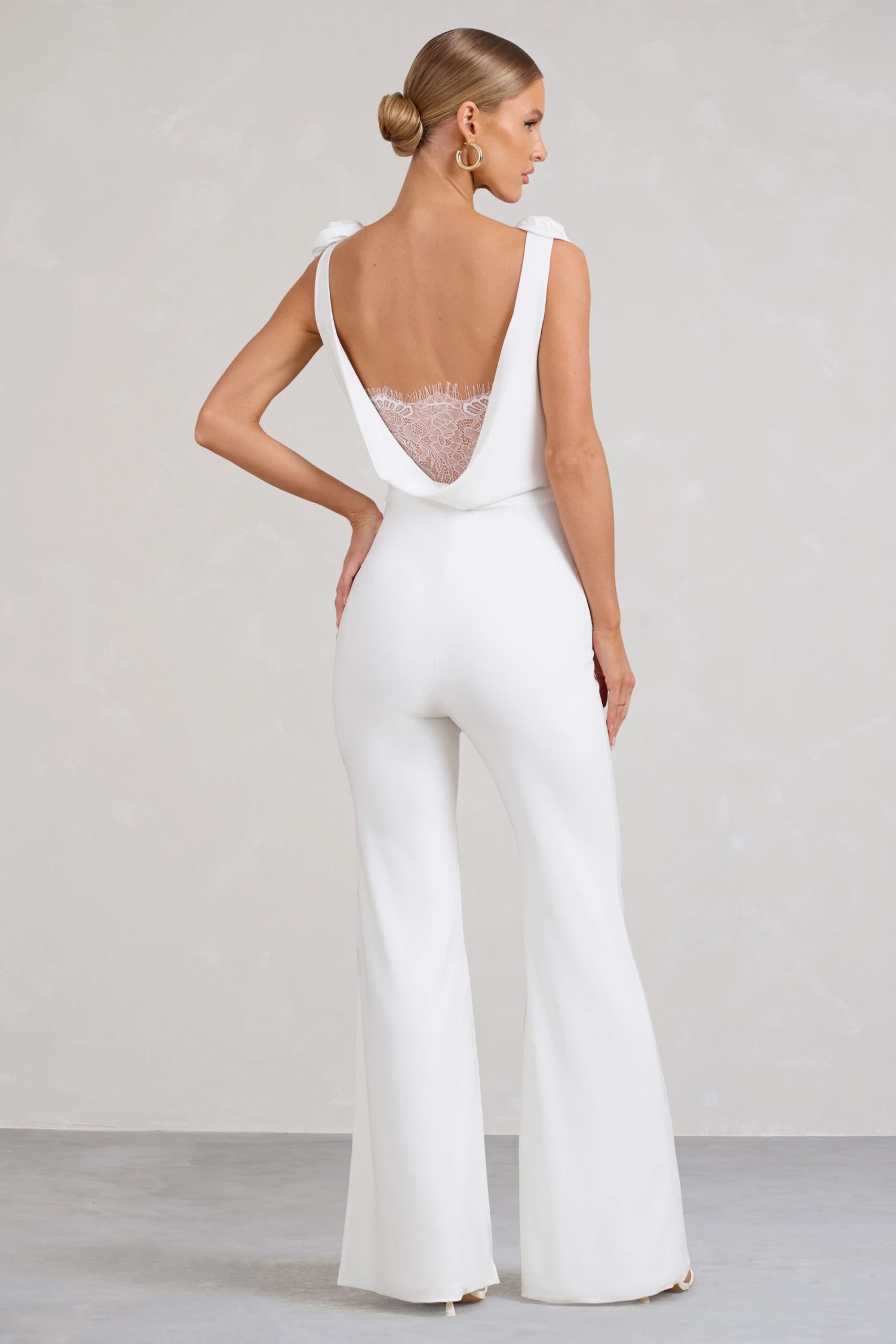 Posy | White Cowl-Neck Jumpsuit With Corsages And Lace Detail 2 Posy | White Cowl-Neck Jumpsuit With Corsages And Lace Detail - Image 2