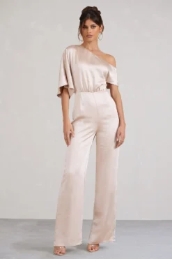 Marvellous | Champagne Satin Asymmetric Flared-Leg Jumpsuit -Stylixon Sales Store WB BR CL128454059 MarvellousChampagneSatinAsymmetricFlared LegJumpsuit1 scaled
