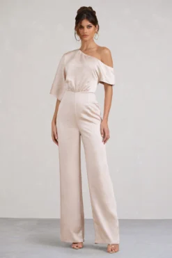 Marvellous | Champagne Satin Asymmetric Flared-Leg Jumpsuit -Stylixon Sales Store WB BR CL128454059 MarvellousChampagneSatinAsymmetricFlared LegJumpsuit2 scaled