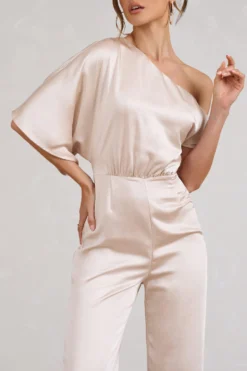 Marvellous | Champagne Satin Asymmetric Flared-Leg Jumpsuit -Stylixon Sales Store WB BR CL128454059 MarvellousChampagneSatinAsymmetricFlared LegJumpsuit4 scaled