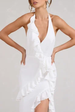 Morning | White Halter-Neck Split Maxi Dress -Stylixon Sales Store WB BR CL128455005 MorningWhiteHalter NeckSplitMaxiDress4 scaled