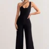 Vienna | Black Asymmetric Cowl Neck Wide Leg Jumpsuit With Open Back Detail