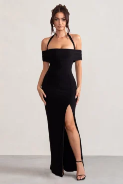 Anisa | Black Halter Neck Bardot Maxi Dress With Thigh Split -Stylixon Sales Store WB BR CL129055 AnisaBlackLayeredHalterNeckBardotMaxiDressWithThighSplit3 scaled