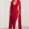 Georgiana | Red Plunge Ruched Maxi Dress With Cape Sleeves