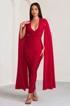 Georgiana | Red Plunge Ruched Maxi Dress With Cape Sleeves -Stylixon Sales Store WB BR CL129241 GeorgianaRedPlungeRuchedMaxiDresswithCapeSleeves1 1 scaled