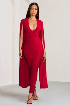 Georgiana | Red Plunge Ruched Maxi Dress With Cape Sleeves -Stylixon Sales Store WB BR CL129241 GeorgianaRedPlungeRuchedMaxiDresswithCapeSleeves2 1 scaled