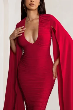 Georgiana | Red Plunge Ruched Maxi Dress With Cape Sleeves -Stylixon Sales Store WB BR CL129241 GeorgianaRedPlungeRuchedMaxiDresswithCapeSleeves4 1 scaled