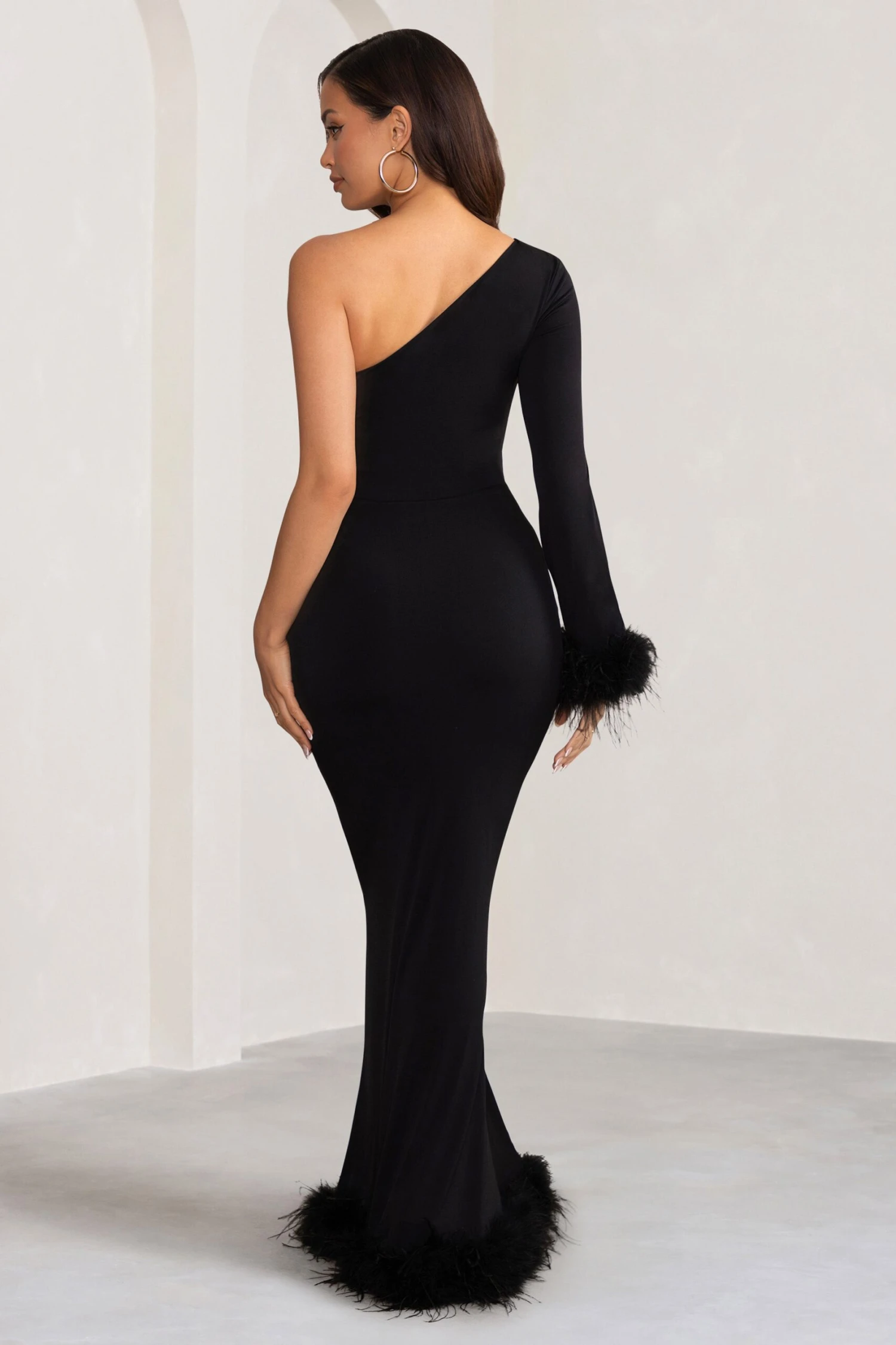 Martha | Black One Sleeve Maxi Dress With Feather Cuff And Hemline 2 Martha | Black One Sleeve Maxi Dress With Feather Cuff And Hemline - Image 2