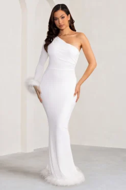 Martha | White One Sleeve Maxi Dress With Feather Cuff And Hemline -Stylixon Sales Store WB BR CL129244 MarthaWhiteOneSleeveMaxiDresswithFeatherCuffandHemline1 scaled